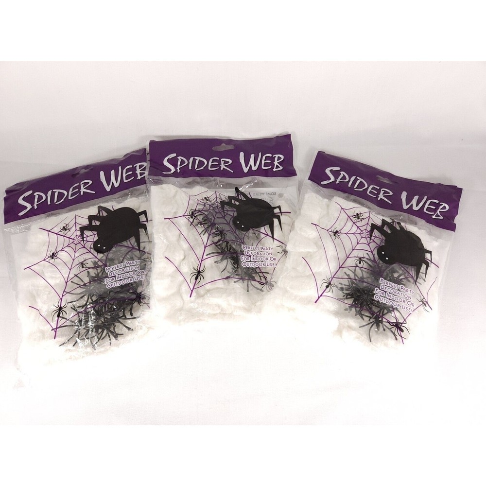 Lot of 3 bags‎ of stretch spider web with spiders from Fun World super stretch